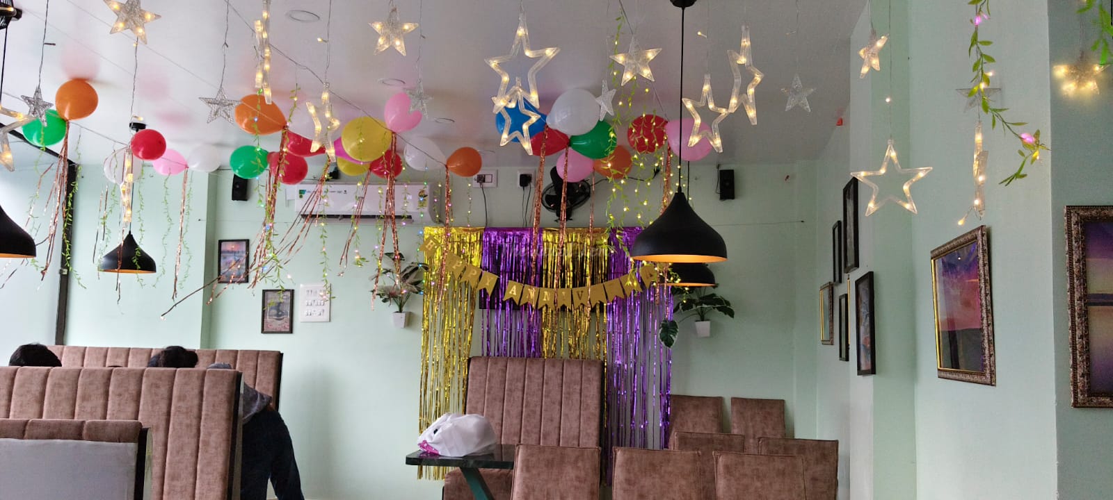 Party décor with fairy lights and stars